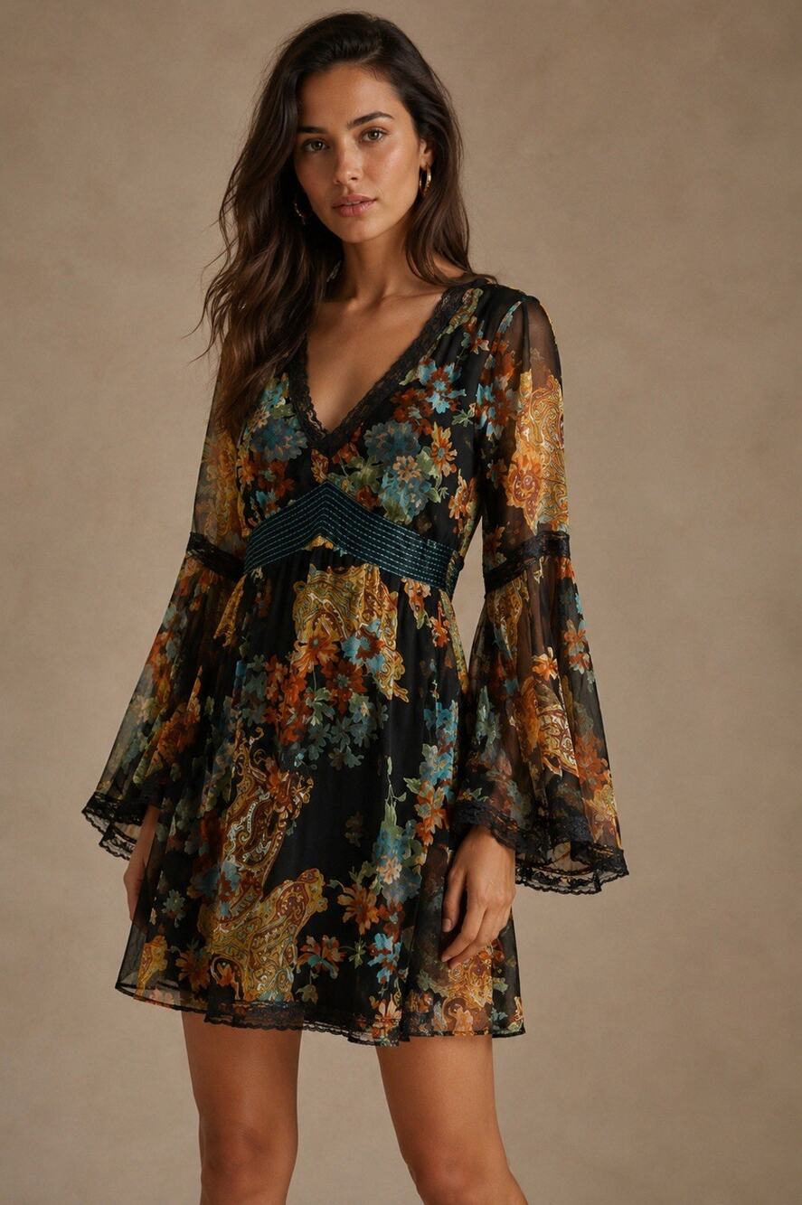 Sue Wong Silk Floral Paisley Bell Sleeve Mini Dress Black Multicolor Women’s 12